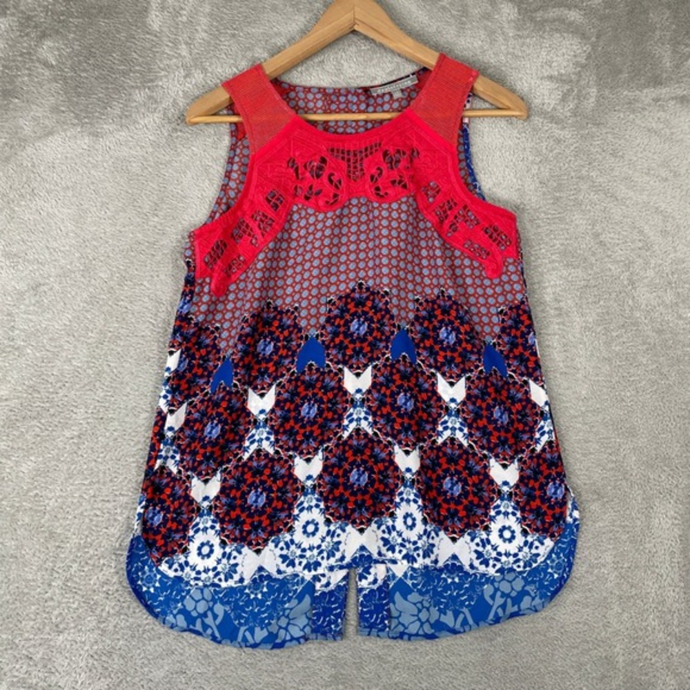 Daniel Rainn Tank Top Womens XS‎ Petite Red Blue Lace Crochet Boho Shell Floral